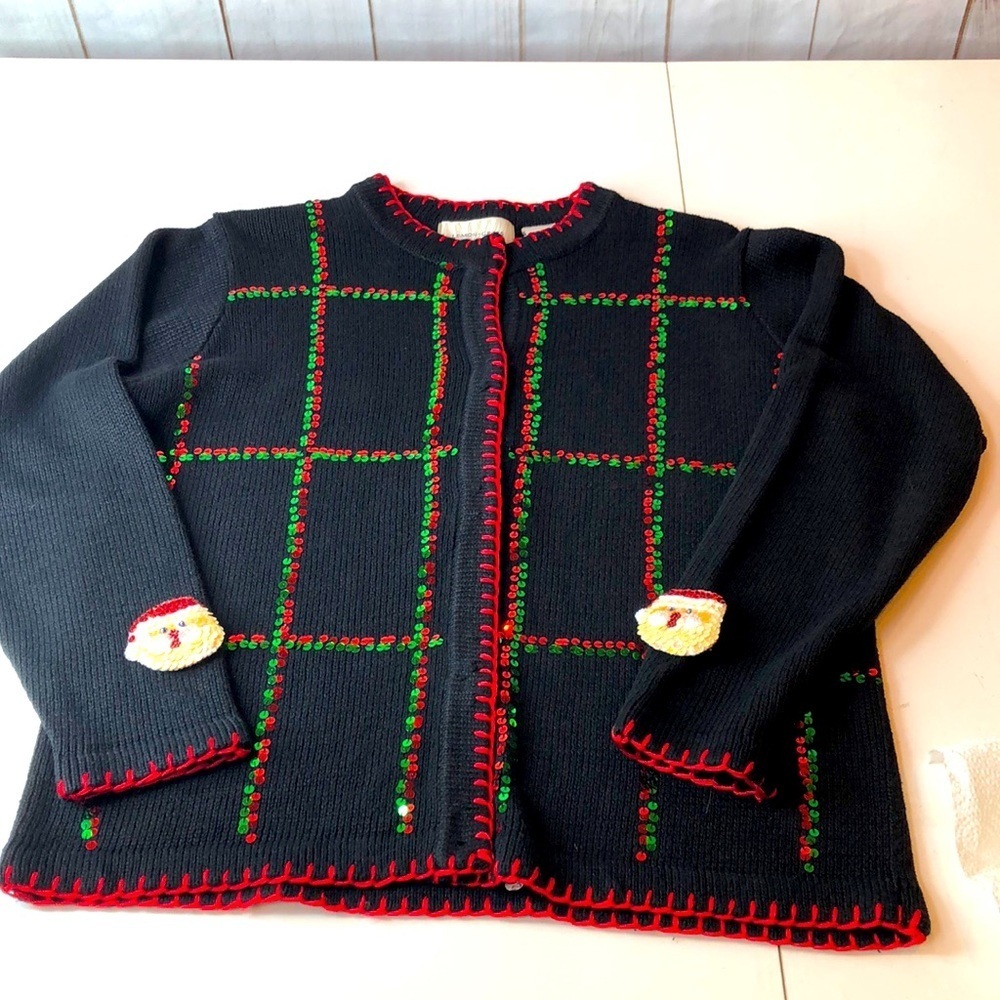 Vintage LEMON GRASS Festive Black Red Sequin Embellished Cardigan Sweater PM